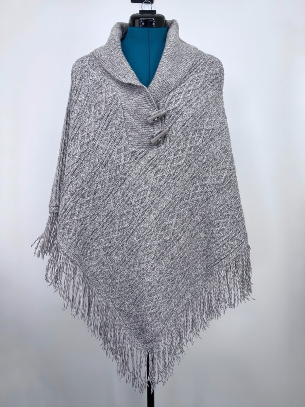 Karen Scott Taupe Marled Cable Knit Fringed Poncho, L/XL